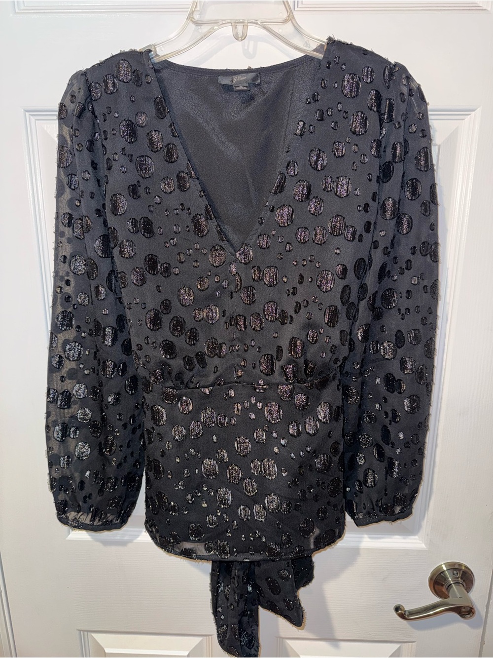J. Crew Black Sheer Dot V-Neck Blouse with Tie Detail